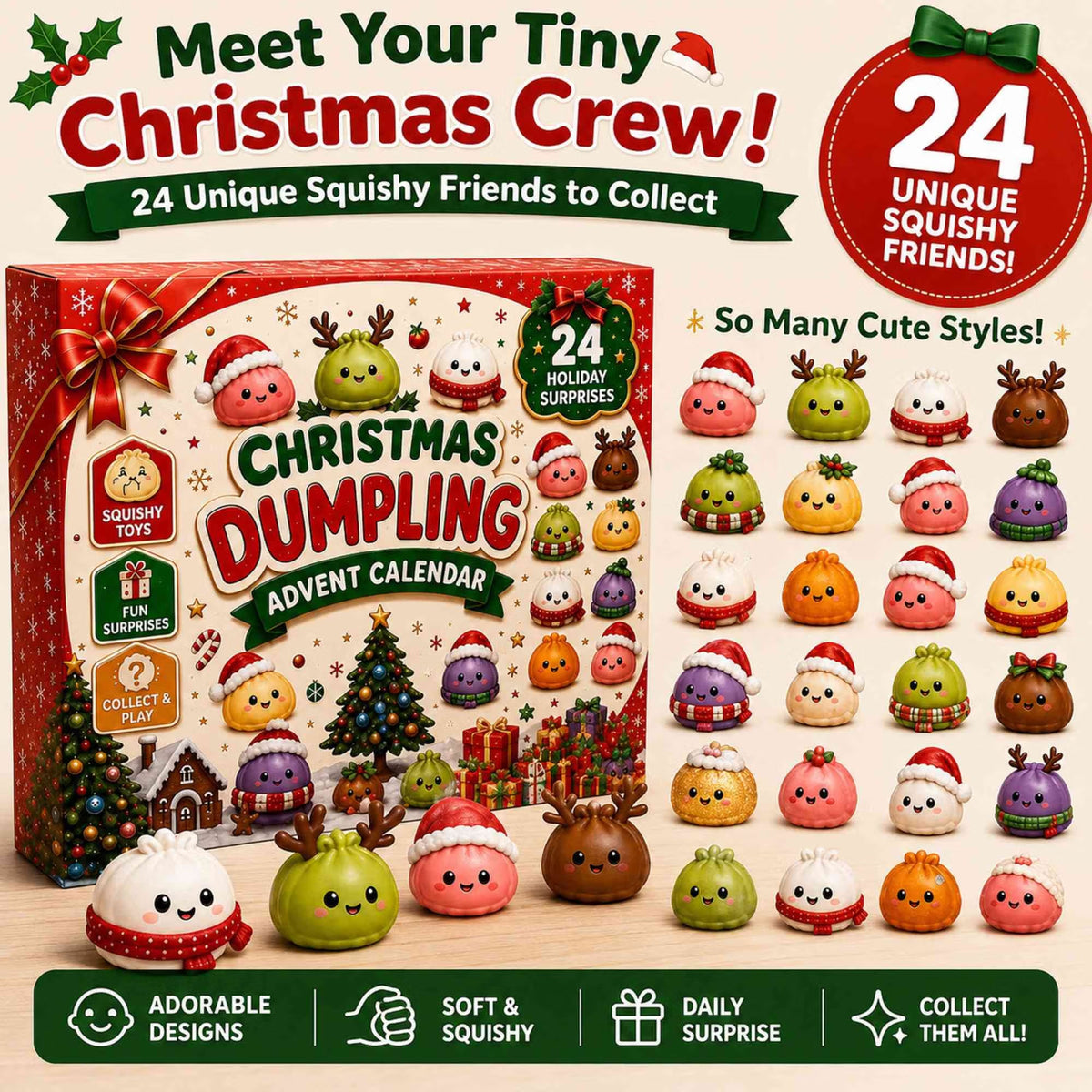 🎁2026 Christmas Advent Calendar, 24 Days Mini Squishy Toys, Kawaii Dumpling Surprise Countdown Design, Christmas Gift for Girls/Boys